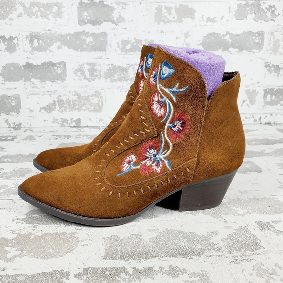Carlos Vivien Brown Suede Floral Block Heel Zip Up Ankle Boots O190 - Picture 1 of 13